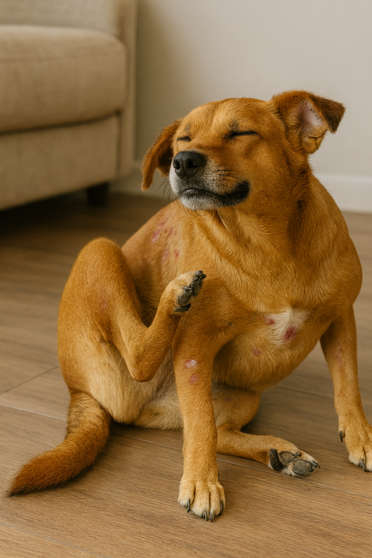 Brown dog with visible skin irritation and hair loss caused by kibble-related allergies, highlighting the benefits of K9 Prime Cuts 80-10-10 nutrition in Basingstoke.