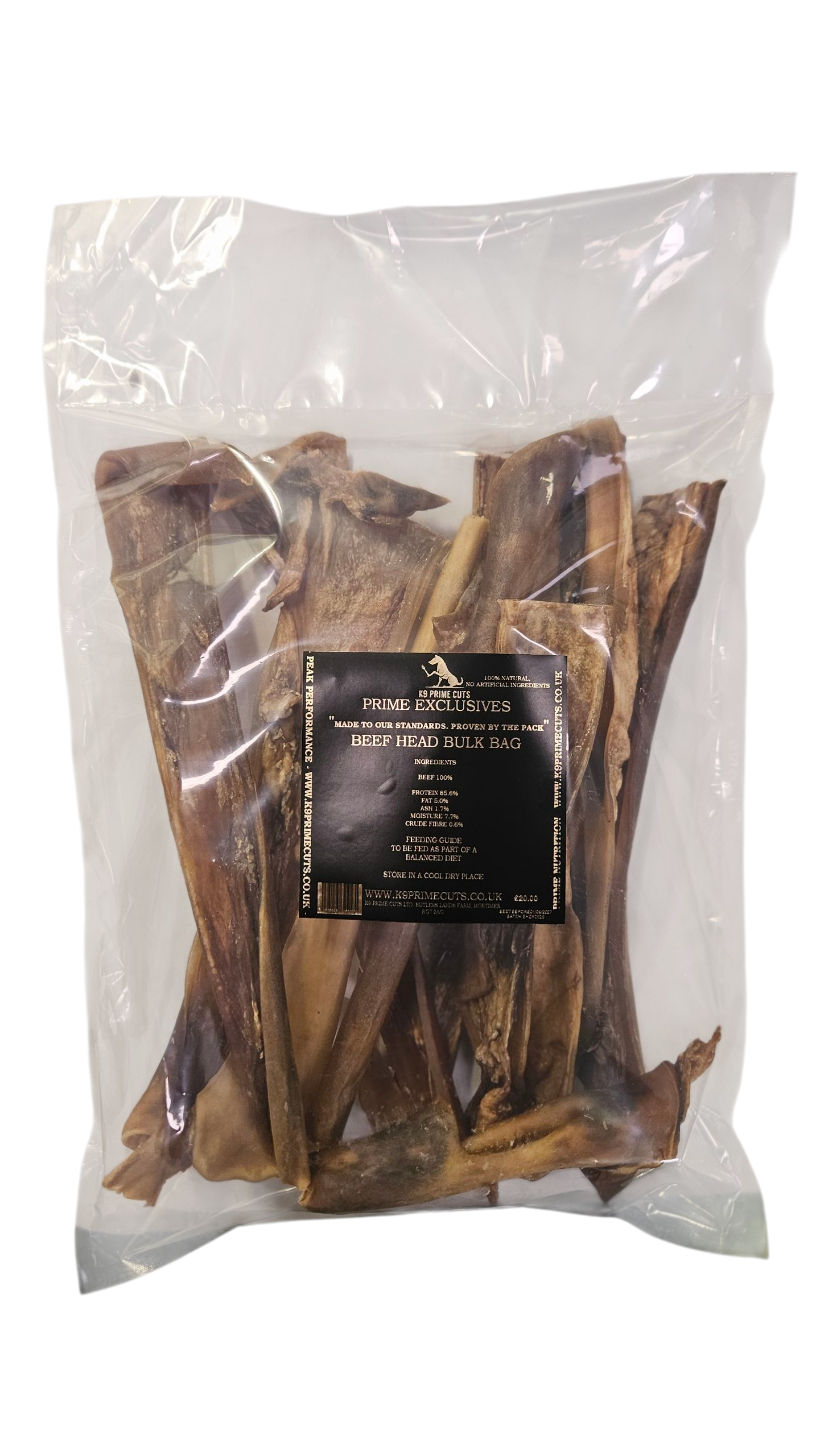 30cm beef head chews bulk bag (10 pieces) from K9 Prime Cuts – 100% natural beef head skin, air-dried, grain-free, hypoallergenic and designed for strong chewers in multi-dog homes.