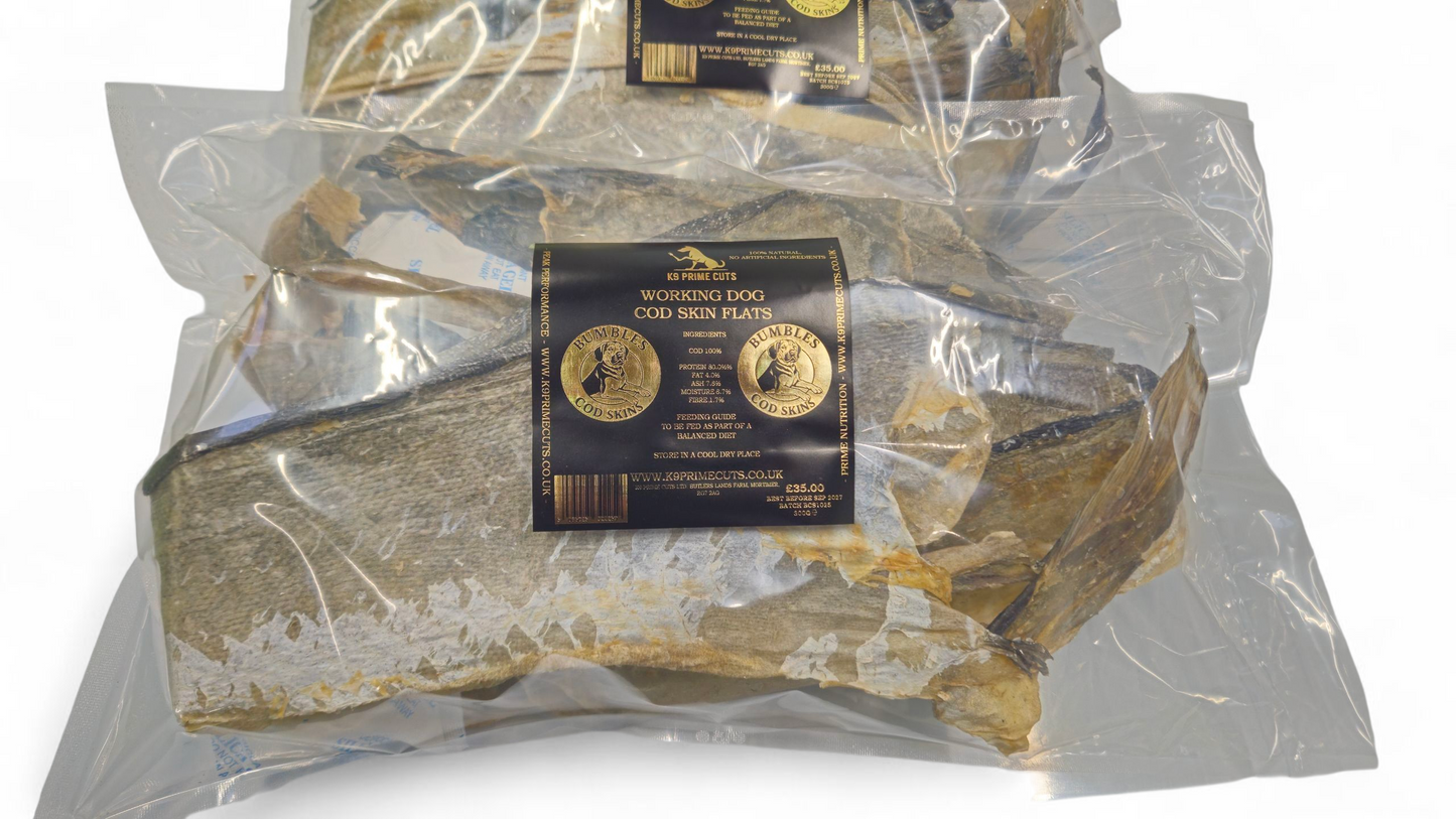 Bumbles Cod Skins by K9 Prime Cuts – natural fish skin dog treats made from 100% cod, around 40cm long, shown as flat, dried strips with a rough texture, high in protein and Omega-3, ideal for healthy dogs and raw feeding diets.