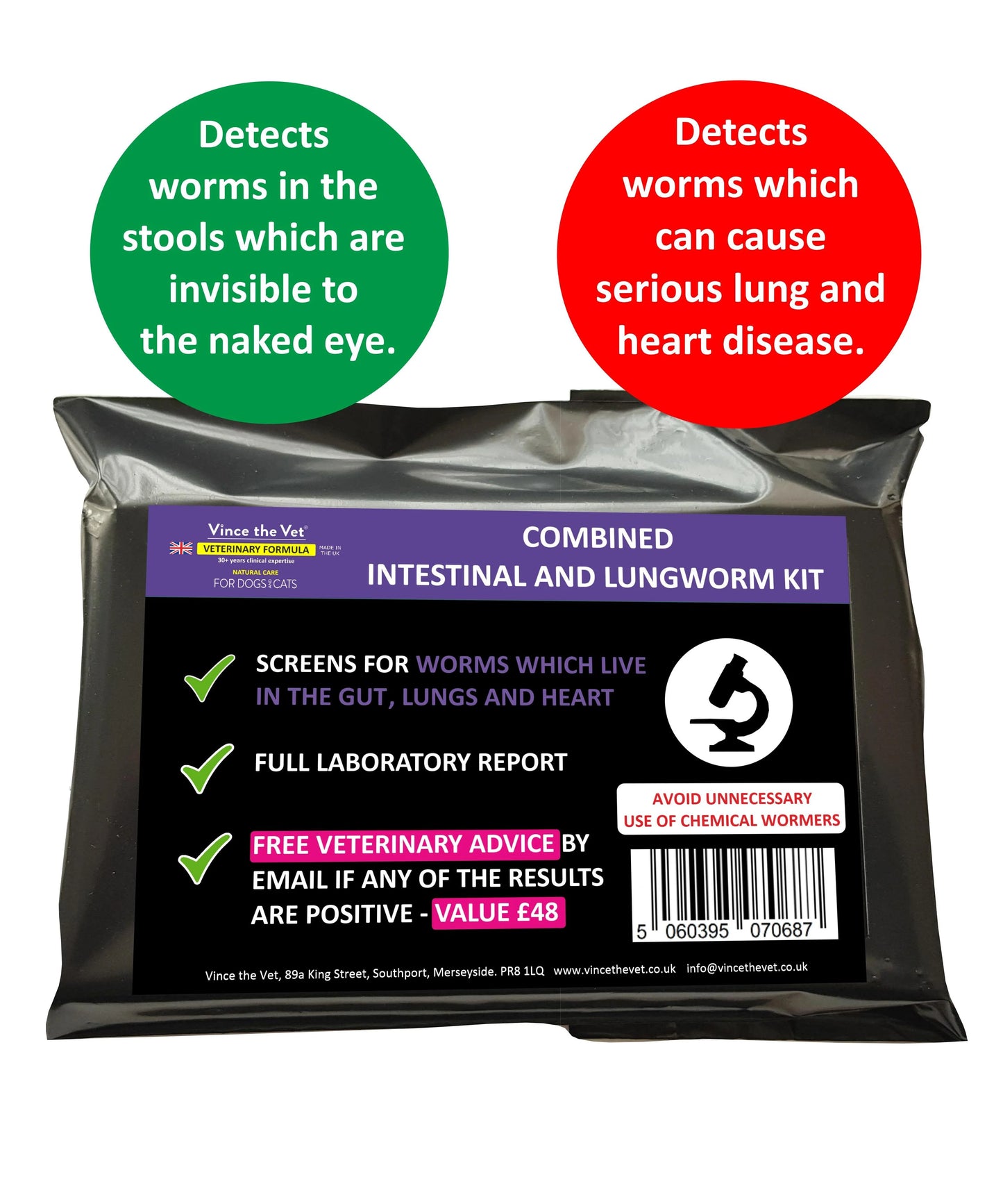 Combined intestinal and lungworm test kit from K9 Prime Cuts – comprehensive at-home screening for common intestinal worms and lungworm in dogs and cats.