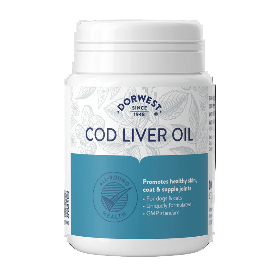 Dorwest Cod Liver Oil capsules ×200 from K9 Prime Cuts – slow-release fish oil rich in omega-3 EPA/DHA plus vitamins A and D, supports skin, coat, joint, heart and bone health in active dogs.
