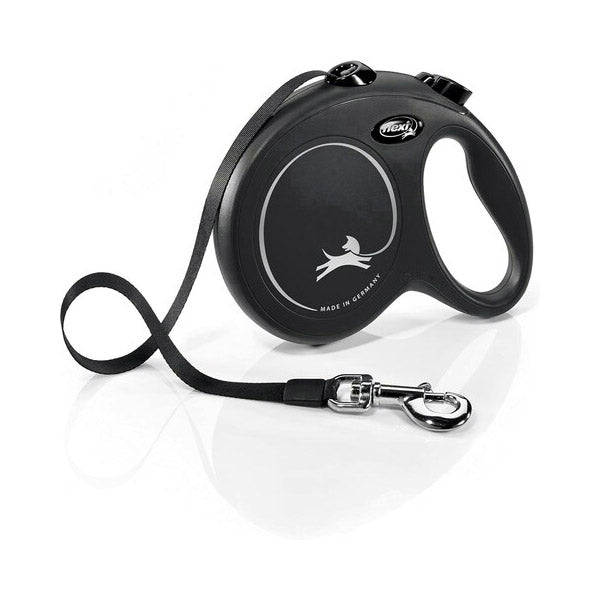 Flexi Lead retractable 5 m dog leash from K9 Prime Cuts – suitable for dogs up to 50 kg, one-hand braking system, jam-free tape guidance, available in red/blue/black colours, perfect for freedom and control on walks.