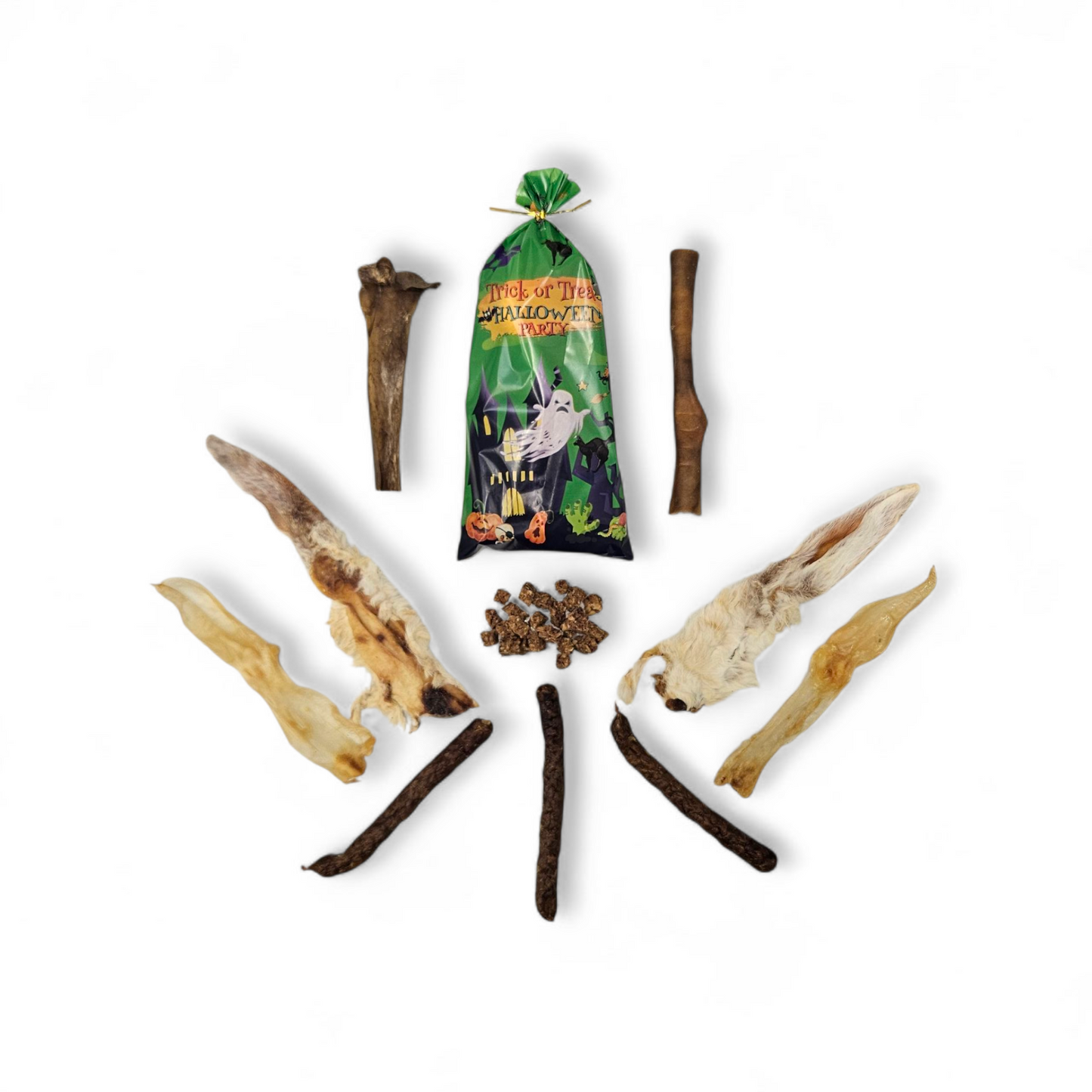 Howl-O-Ween Variety Bag from K9 Prime Cuts – spooky Halloween dog treat mix featuring rabbit ears, venison skin, goat cubes and rabbit sausages. Natural, grain-free treats for dogs in Basingstoke.