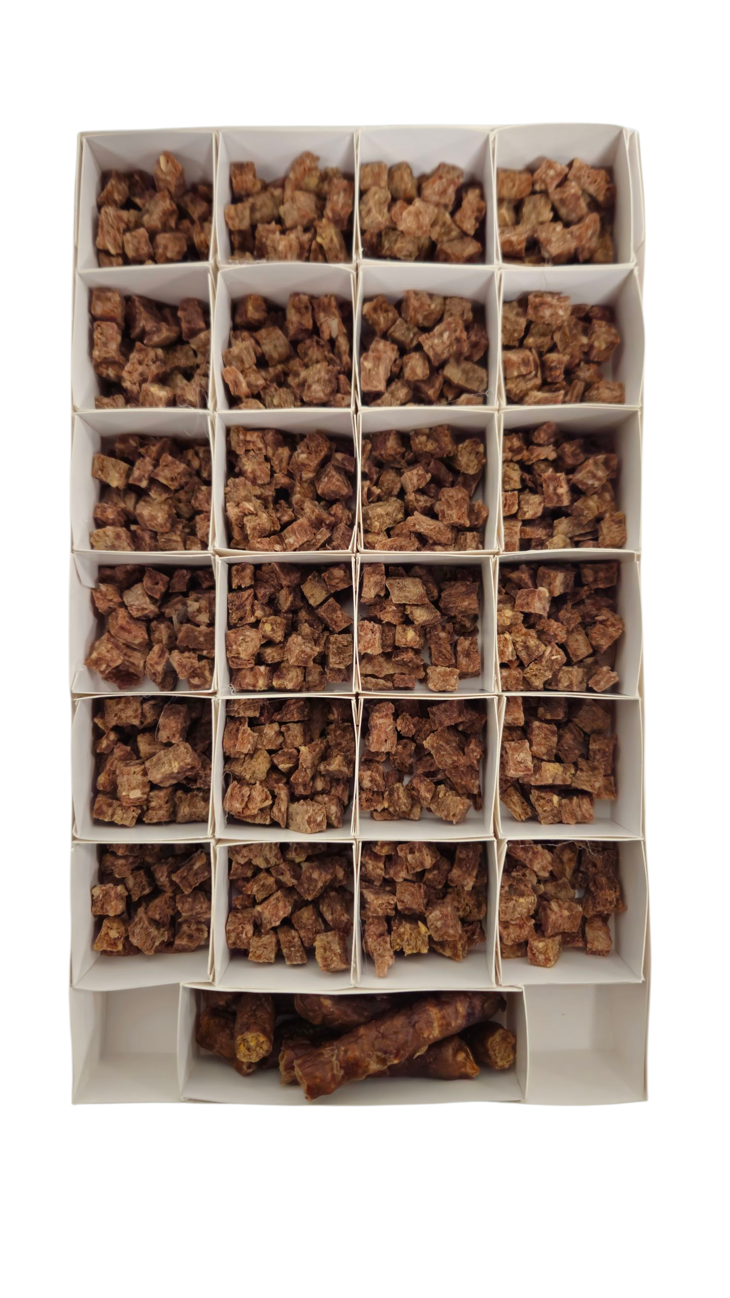 The contents of k9 prime cuts advent calendar, 550g. of rabbit training cubes and sausage