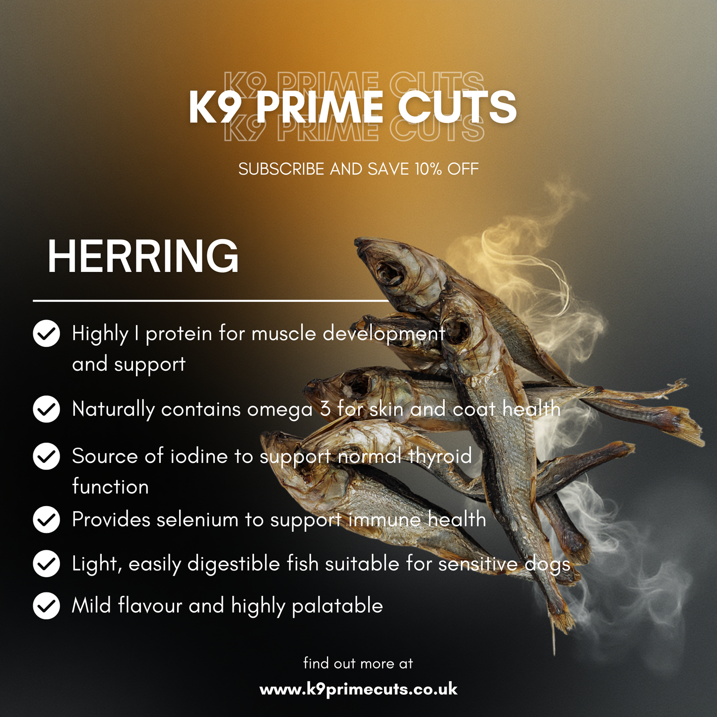 Displayed herring showing whole fish presented as a natural, oily fish suitable for dogs