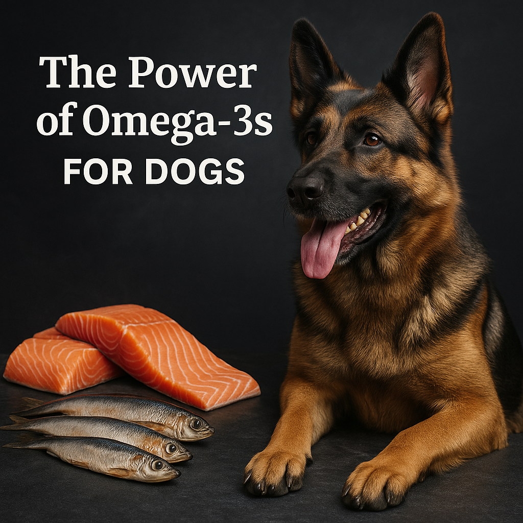 German Shepherd with a shiny coat standing beside fresh salmon fillets and sprats on a dark textured background with soft wisps of smoke, representing omega-3-rich dog nutrition by K9 Prime Cuts.
