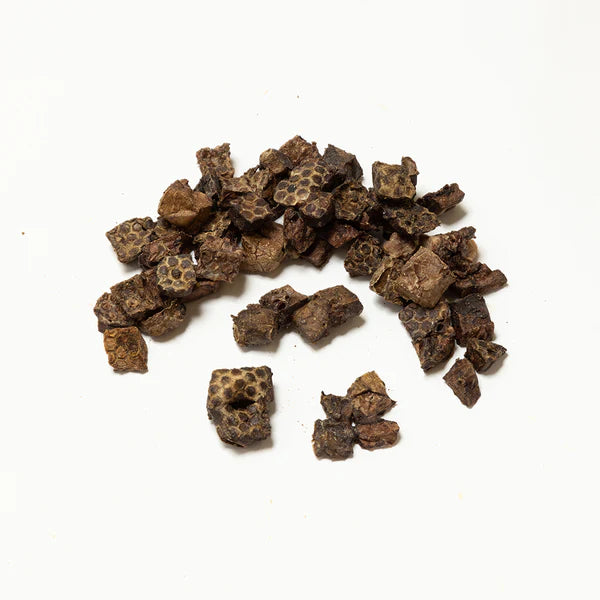 150 g bag of air-dried beef lung cubes from K9 Prime Cuts – 100% natural, high protein (70%), low fat, soft-chewy treat ideal for puppies, seniors or dogs with sensitive teeth.