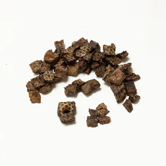 150 g bag of air-dried beef lung cubes from K9 Prime Cuts – 100% natural, high protein (70%), low fat, soft-chewy treat ideal for puppies, seniors or dogs with sensitive teeth.