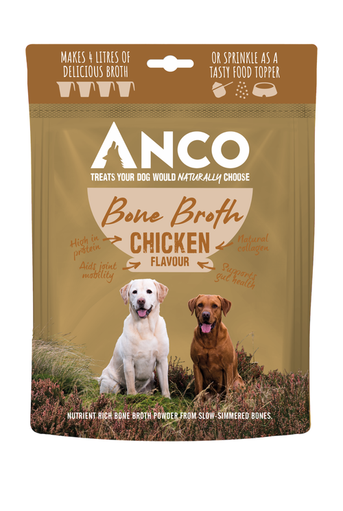 Chicken bone broth from K9 Prime Cuts – nutrient-rich, natural dog food topper and treat supporting joints, digestion and hydration.