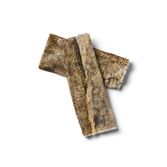 Cod skin flats natural dog chew from K9 Prime Cuts – 100% cod skin, high-protein, rich in omega-3 fatty acids, low-fat, additive-free treat supporting skin, coat and dental health.