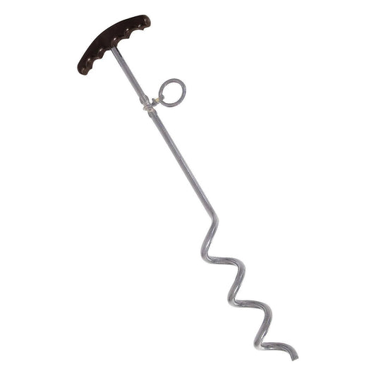 Dog tether from K9 Prime Cuts – heavy-duty corkscrew anchor and lead set, stainless steel 45 cm long with black handle, ideal for securing working or field dogs outdoors in the UK.