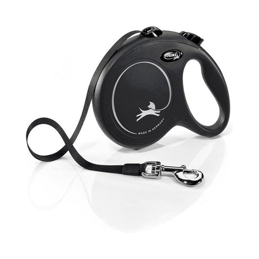 Flexi Lead retractable 5 m dog leash from K9 Prime Cuts – suitable for dogs up to 50 kg, one-hand braking system, jam-free tape guidance, available in red/blue/black colours, perfect for freedom and control on walks.