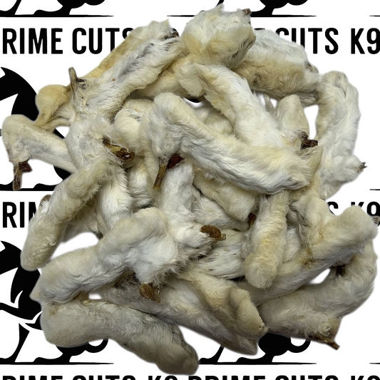 Natural hairy rabbit feet dog treats from K9 Prime Cuts – 100% wild rabbit, hypoallergenic, grain-free chew for dogs in Basingstoke. Ideal for raw feeding and BARF diets.