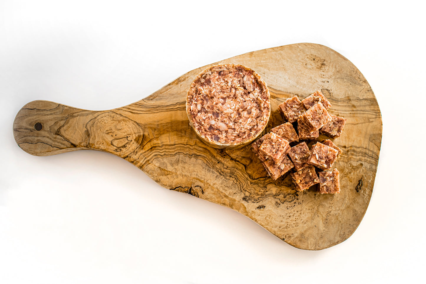 Chopped and cubbed 80-10-10 dog food from k9 prime cuts