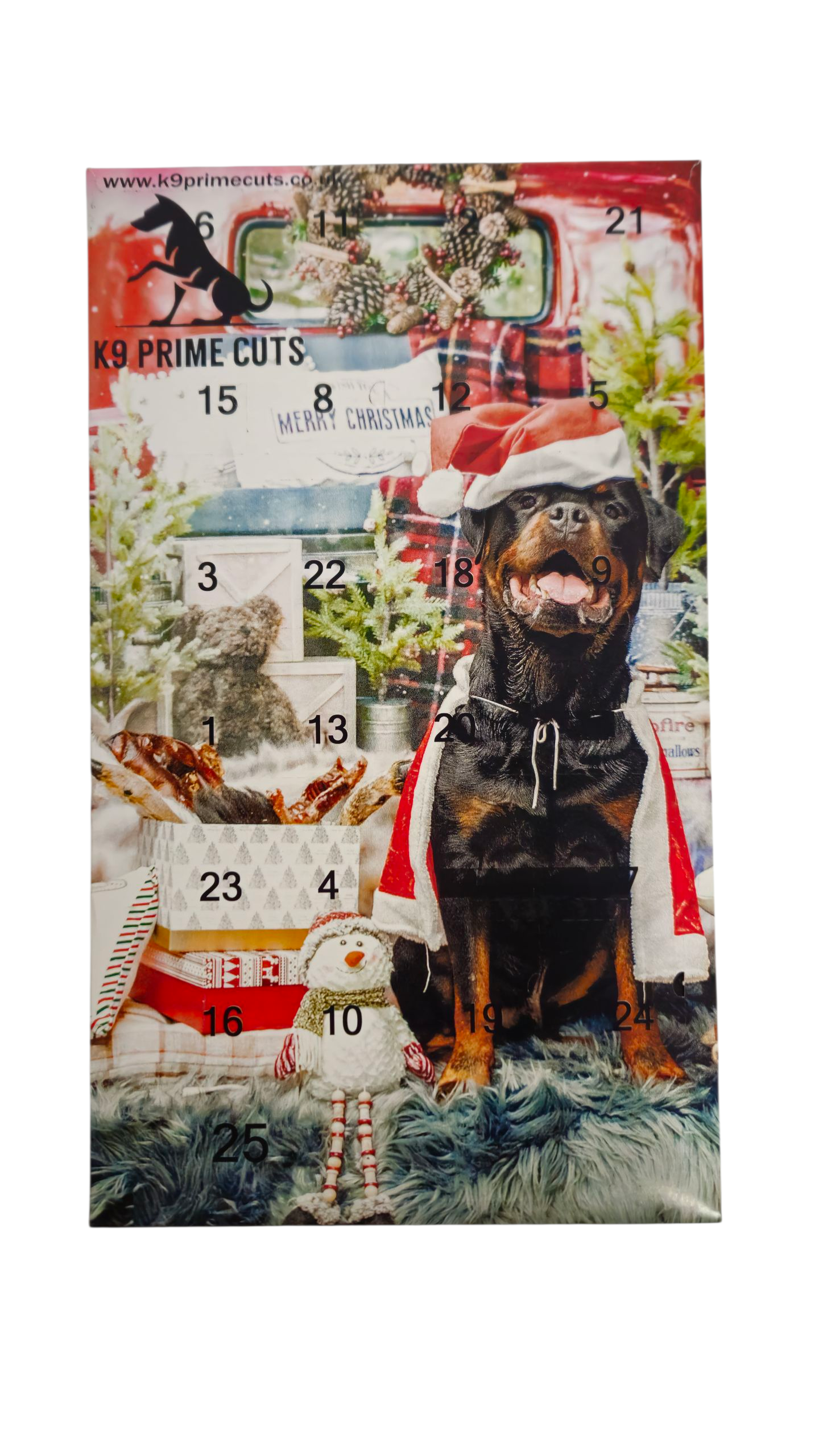 An advent calendar by k9 prime cuts featuring a Rottweiler wearing a christmas hat