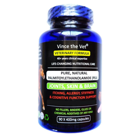 Bottle of PEA Palmitoylethanolamide 900mg × 90 softgels from K9 Prime Cuts – supports healthy joints, skin, nerves and brain; 100% pure human food grade PEA.