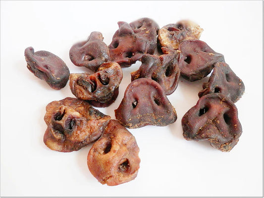 Pig Snouts dog treats from K9 Prime Cuts – 100% dried pork snouts, grain-free and additive-free. Crunchy single-protein chew (approx. 8 cm each) ideal for strong chewers and dogs with sensitivities.