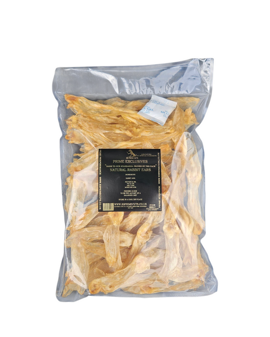 500 g pack of natural rabbit ears dog treats from K9 Prime Cuts – 100% rabbit, grain-free and hypoallergenic, air-dried for healthy, high-protein chewing and dental support.