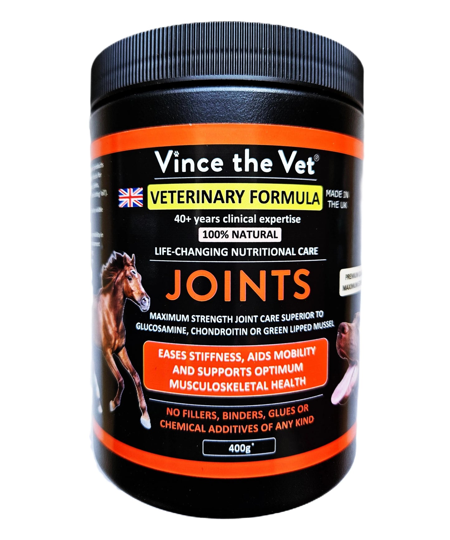 Vince the Vet Joints 400 g supplement from K9 Prime Cuts – 100% natural, premium human-food-grade ingredients, no fillers or additives, supports muscles, tendons, ligaments, joints, bones & synovial fluid in dogs.