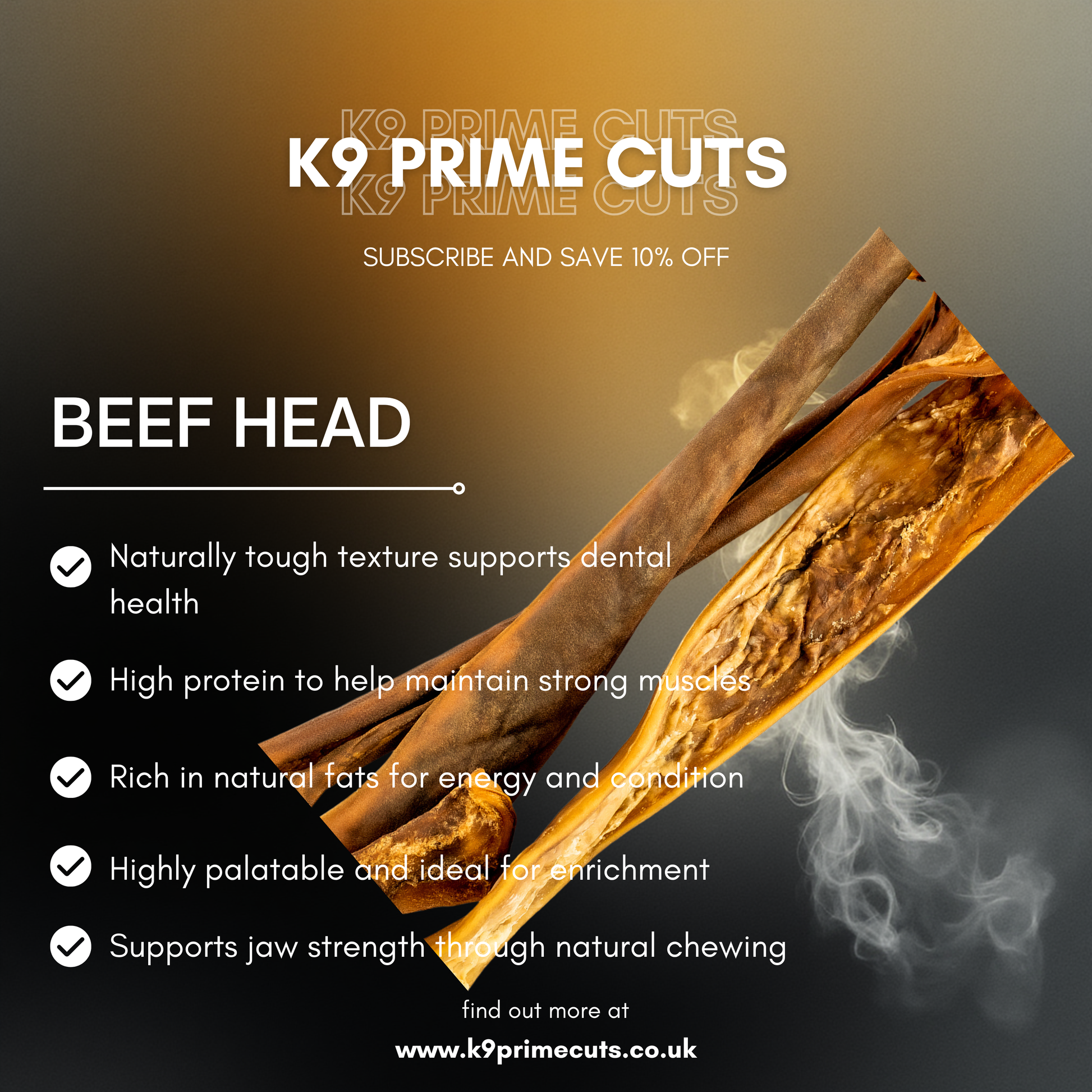 Beef head dog food showing chunky beef head meat, high in protein and natural fats to support muscle strength, dental health, and enrichment