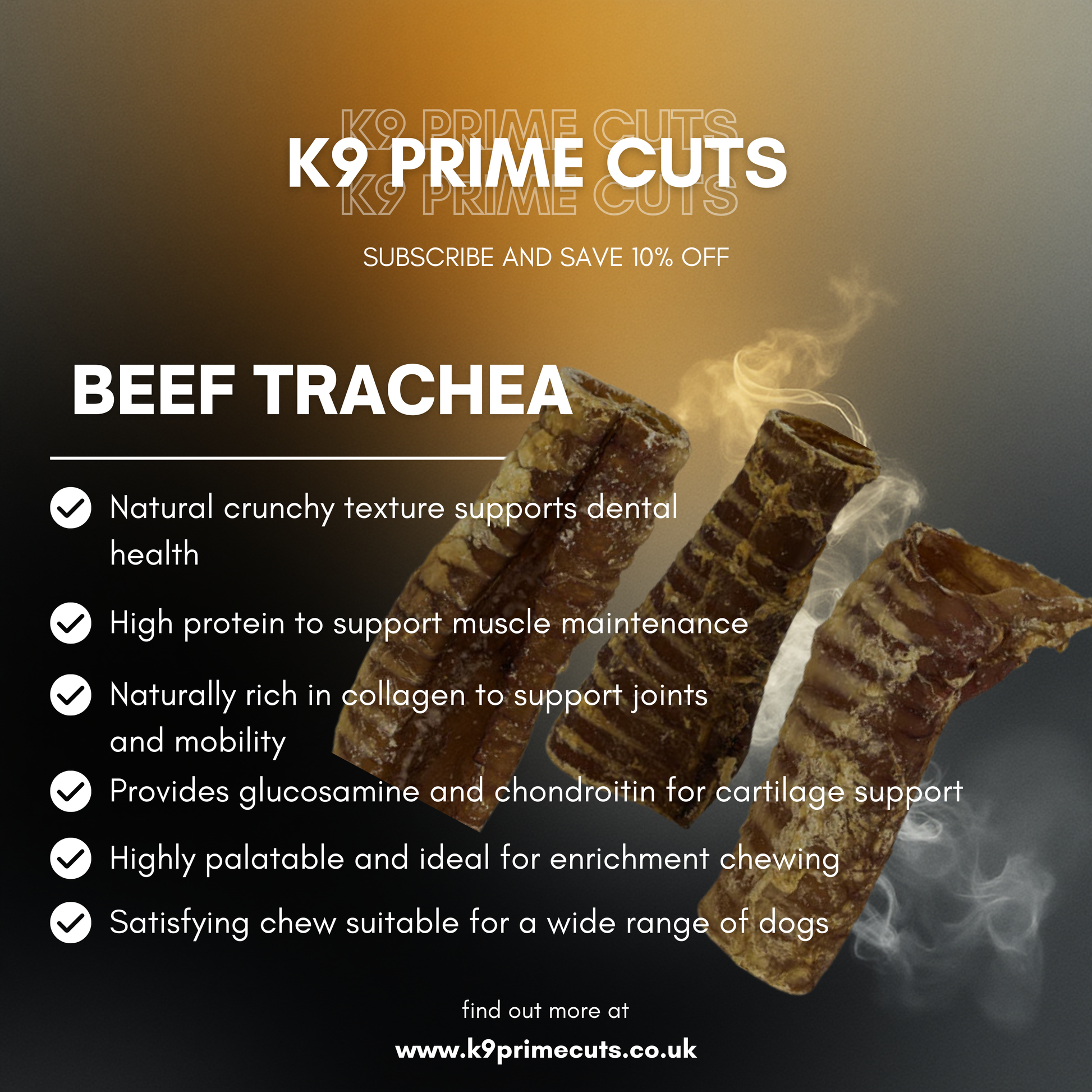 Displayed beef trachea showing natural hollow cartilage pieces presented as a crunchy chew suitable for dogs