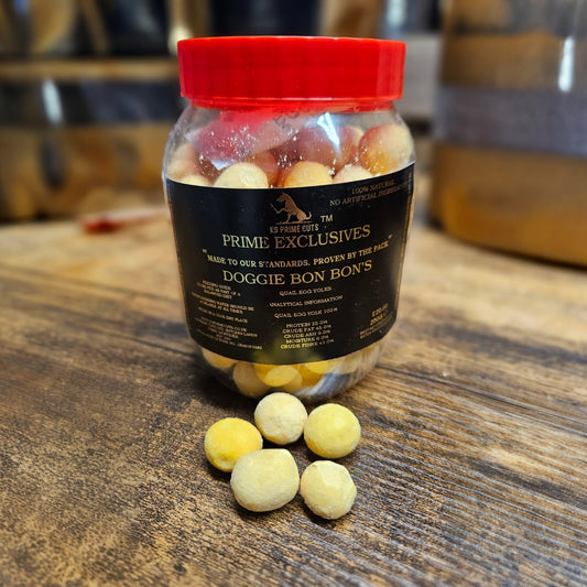 K9 Prime Cuts Prime Exclusives Doggie Bon Bon’s freeze dried quail egg yolk dog treats 200g tub
